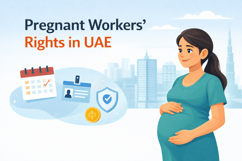 Pregnant employee rights UAE illustration showing working woman expecting baby in office