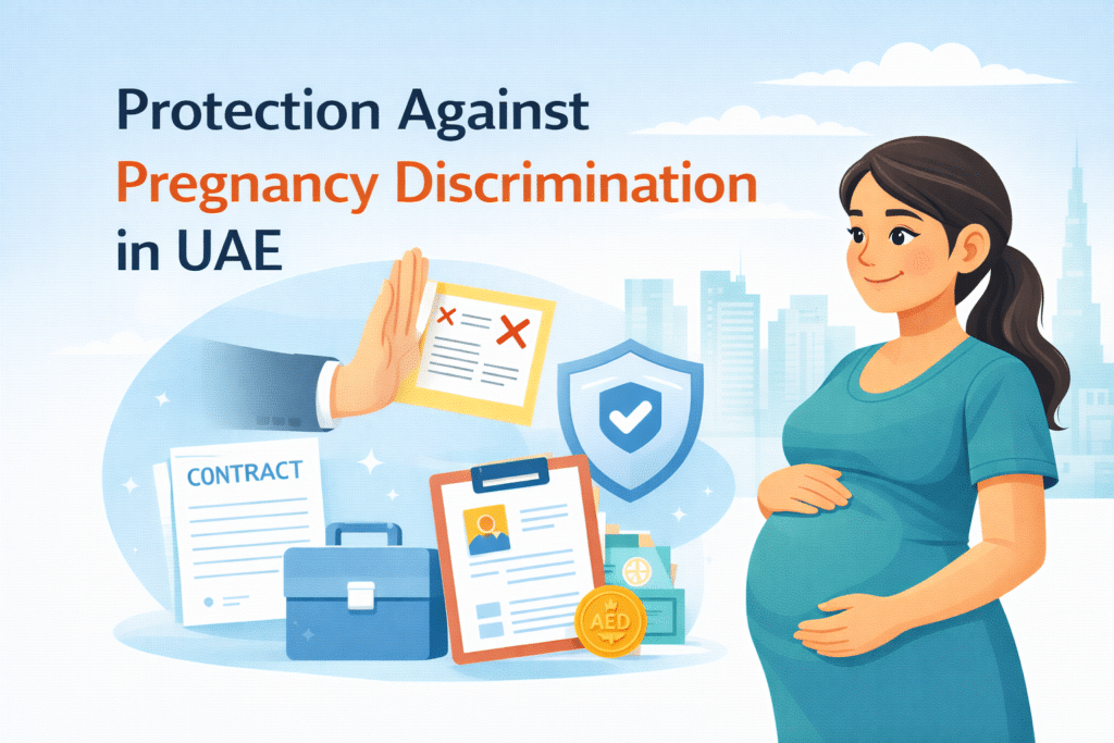Pregnancy discrimination protection UAE illustration showing pregnant employee workplace rights