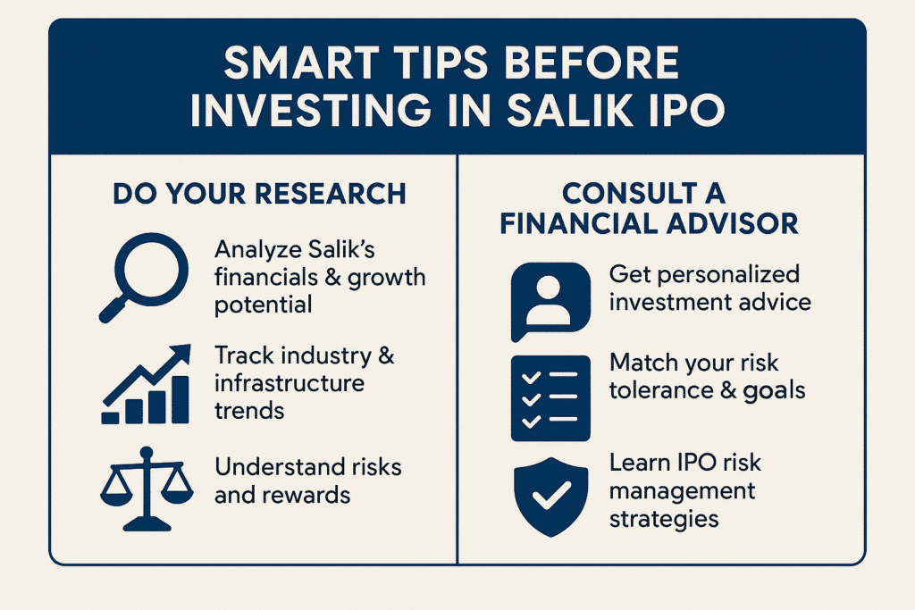 Infographic guide on Salik IPO investment tips showing two steps: Do Your Research (analyze financials, check industry trends, assess risks) and Consult a Financial Advisor (get personalized advice, align with goals, manage risks). Clean, user-friendly design with icons for finance, growth, and consultation."