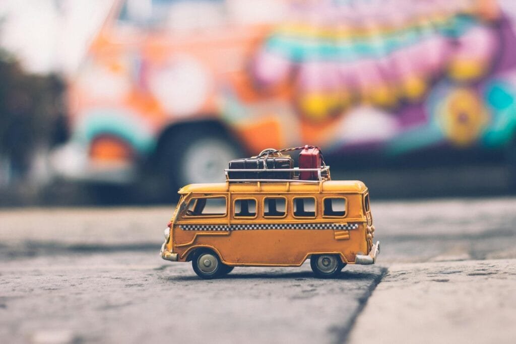  A small yellow toy bus.