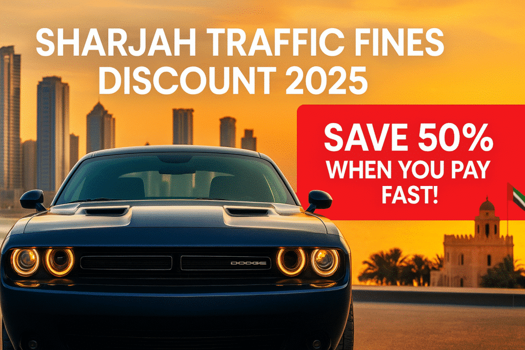 “Sharjah traffic fine discounts 2025 infographic showing 50% discount within 10 days, 30% discount within 20 days, and 20% discount within 30 days, with Sharjah skyline and car illustration.”