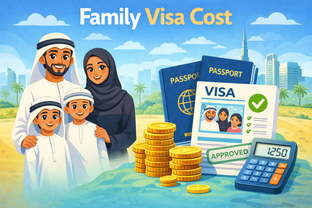 Family visa cost illustration showing animated person holding passport and visa with family icon and expense symbols