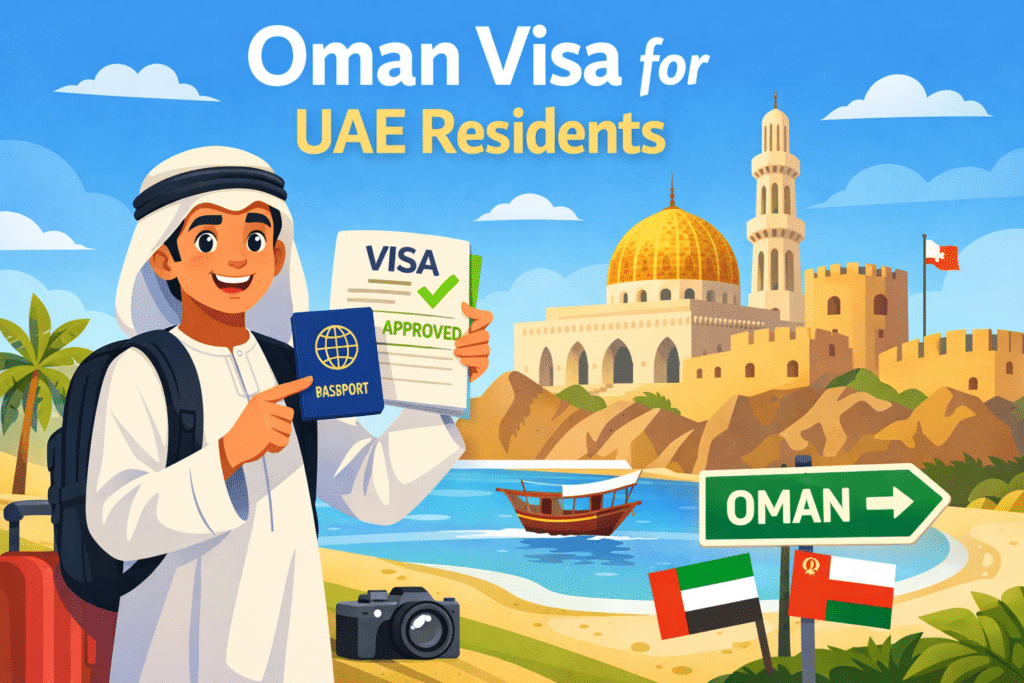 Oman visa for UAE residents illustration showing animated man holding passport and approved visa with Oman landmarks in background