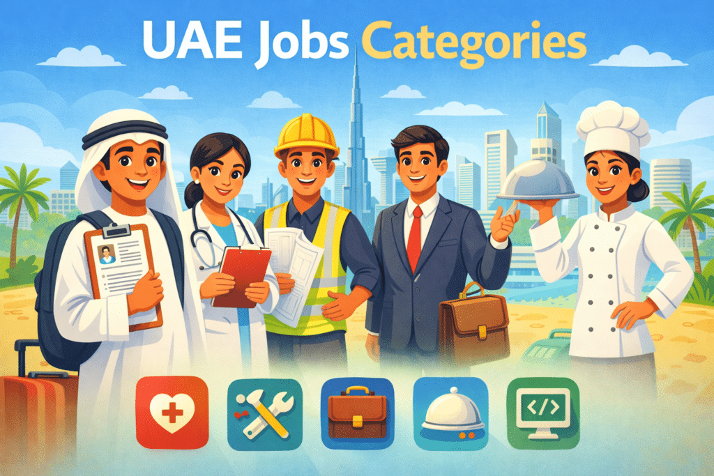 UAE jobs categories illustration showing animated worker with different career icons like construction, office, healthcare, and service jobs