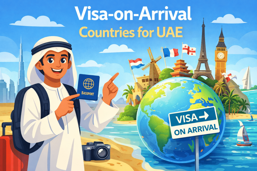 Visa on arrival countries for UAE illustration showing animated traveler holding passport with global landmarks and visa on arrival sign
