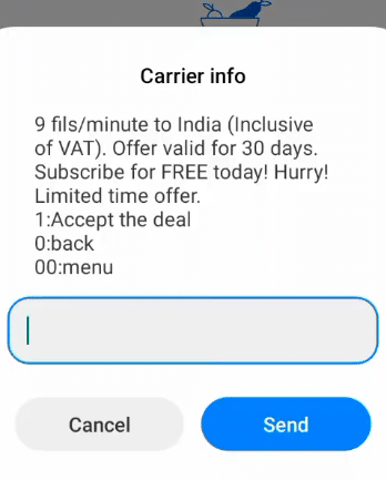 Etisalat 9 fils per minute international call offer confirmation message for India with 30 days validity