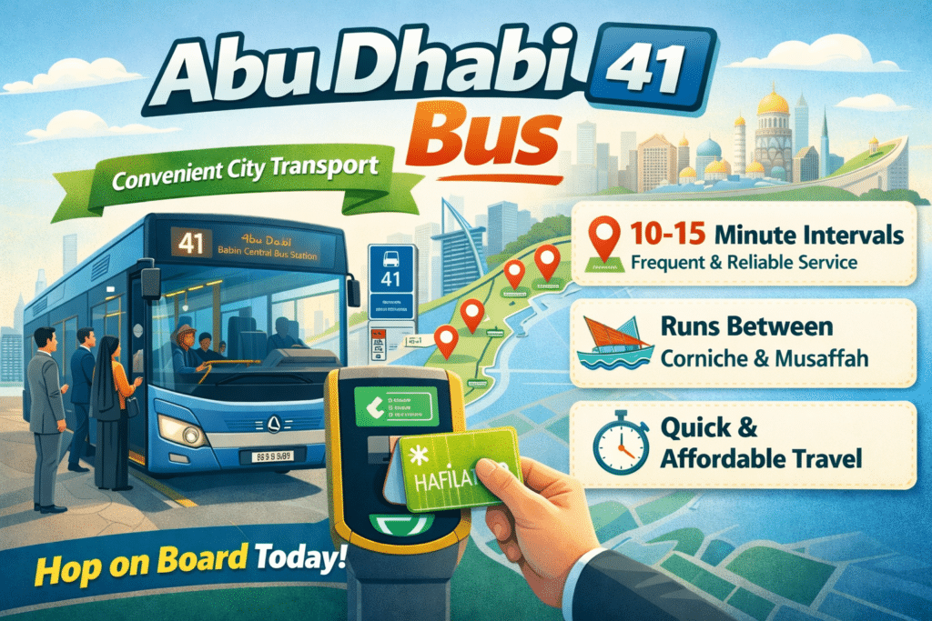 Abu Dhabi Bus 41 route map showing stops, timings, and key locations