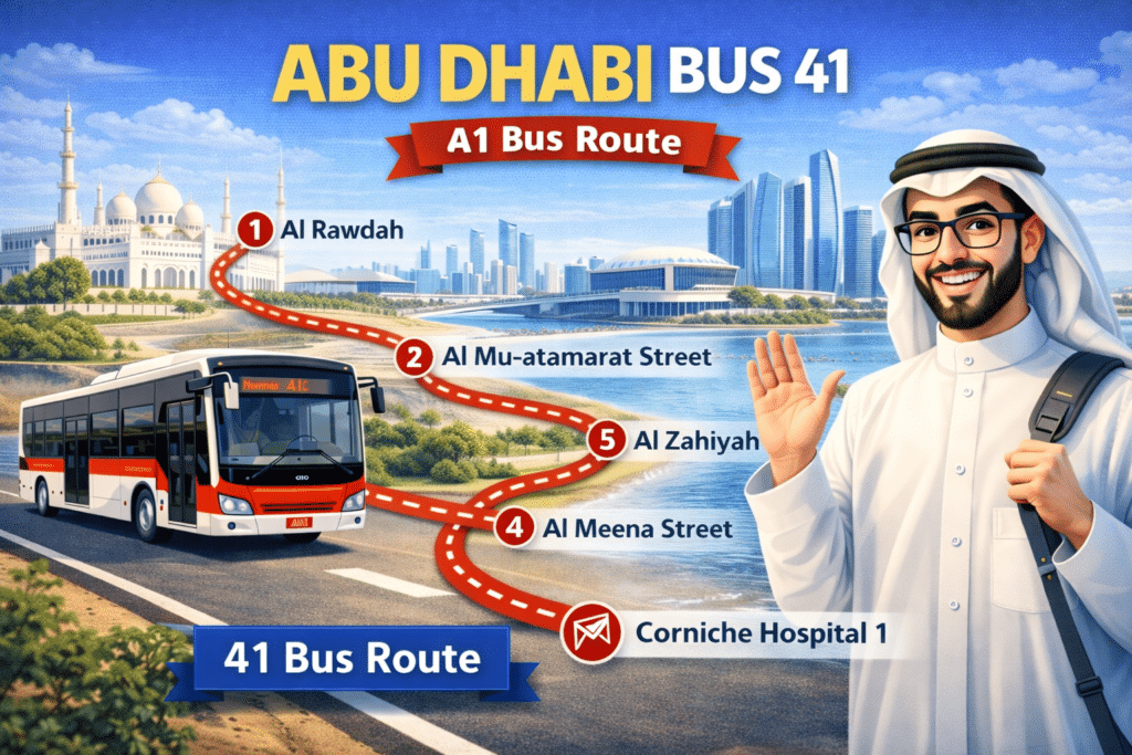 Abu Dhabi Bus 41 route map with stops from Al Rawdah to Corniche Hospital