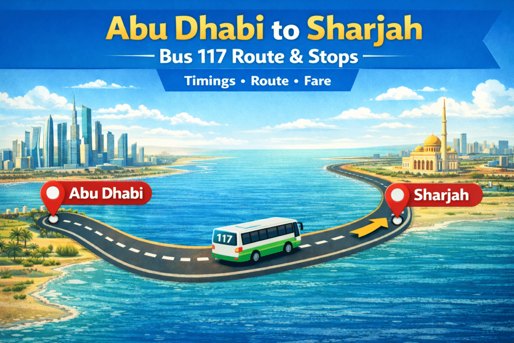 Abu Dhabi to Sharjah bus 117 route map with stops and travel direction UAE
