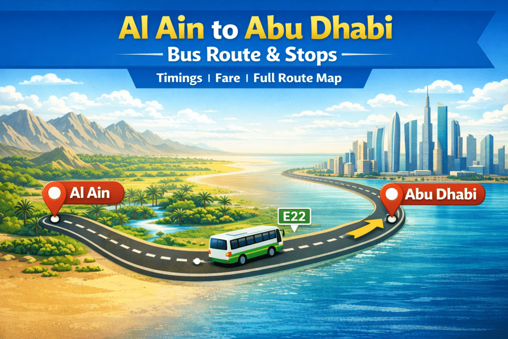 Al Ain to Abu Dhabi bus route map with stops, highway E22 path and travel direction UAE