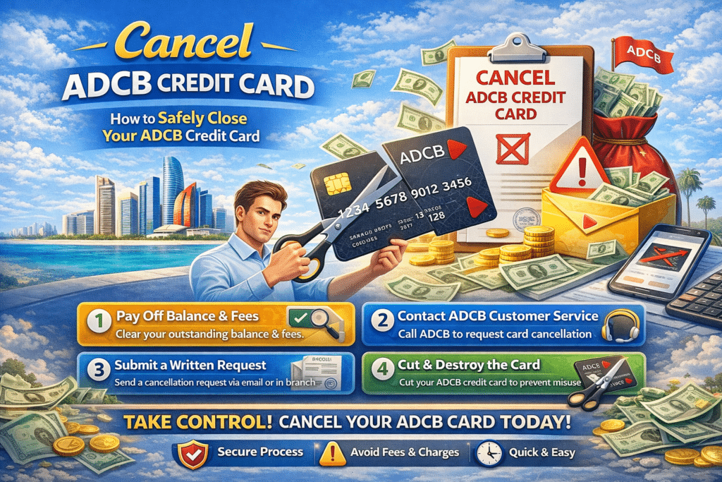 Cancel ADCB credit card infographic showing step-by-step process to close ADCB credit card safely and avoid extra fees.