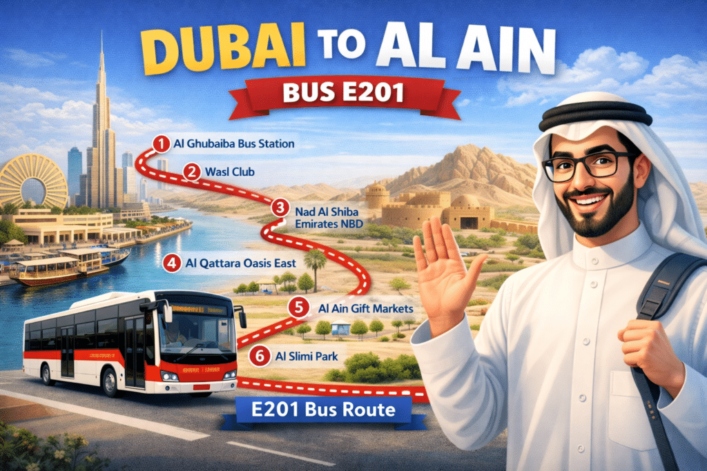 Dubai to Al Ain Bus E201 route map with stops and animated traveler illustration