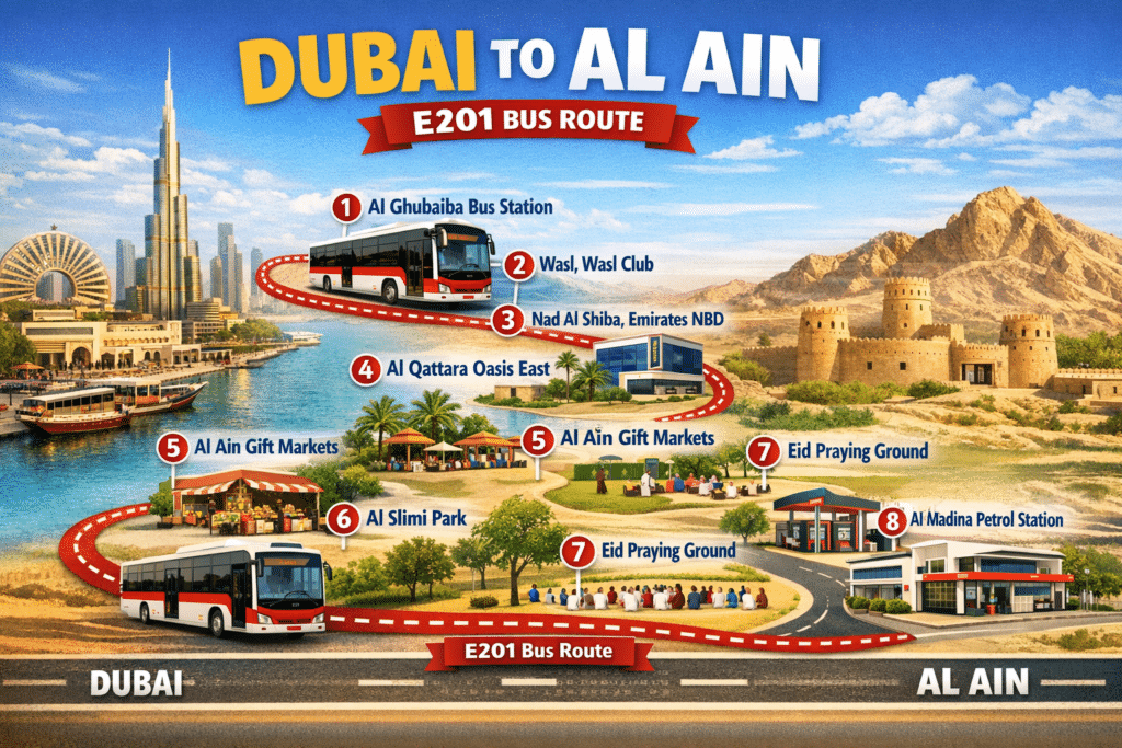 Dubai to Al Ain Bus E201 – 2026 Updated Timings, Fares, Route Map 5 Dubai to Al Ain Bus E201 route map with numbered stops from Al Ghubaiba Bus Station to Al Ain Central Bus Station