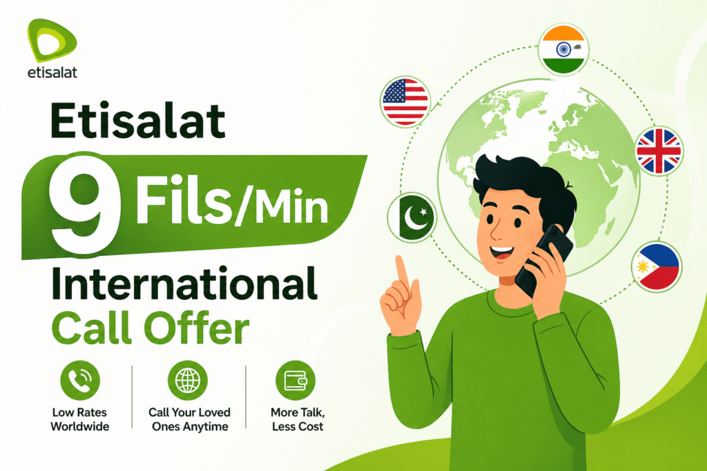 Etisalat 9 fils per minute international call offer with animated man calling worldwide at low rates