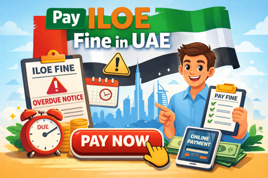 Animated illustration showing a man paying an ILOE fine online in the UAE with a smartphone, clipboard, and “Pay Now” button.