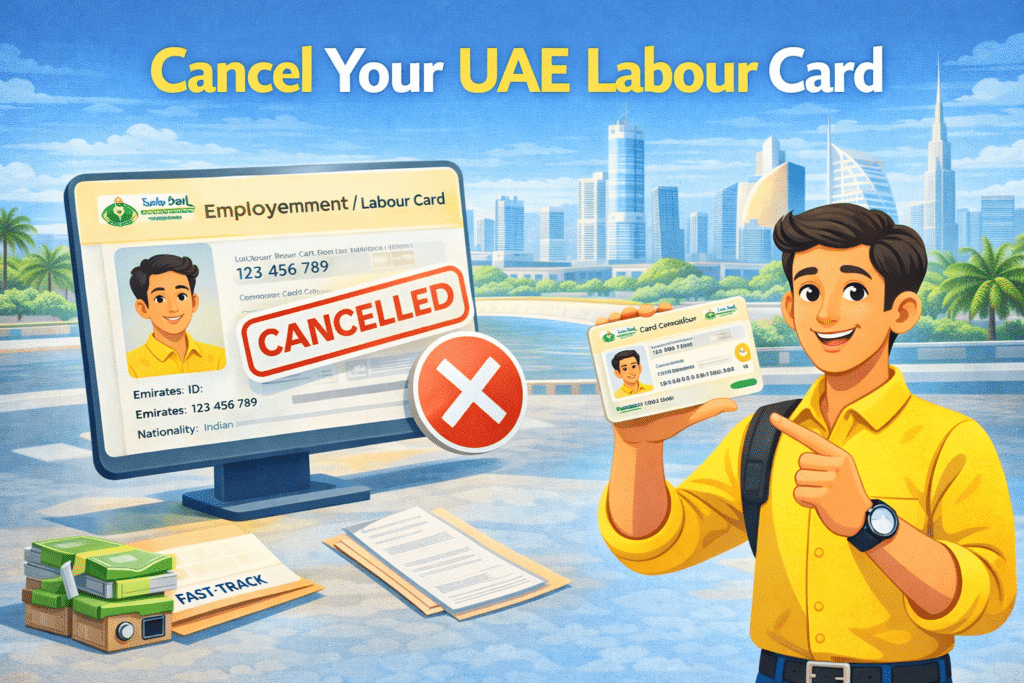 Cancel your UAE labour card feature image showing animated worker holding cancelled labour card with UAE skyline.