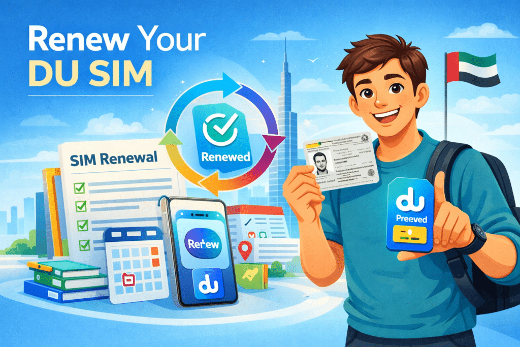 Animated illustration of a user renewing a du SIM card in the UAE using a smartphone with Emirates ID and Dubai skyline in the background.