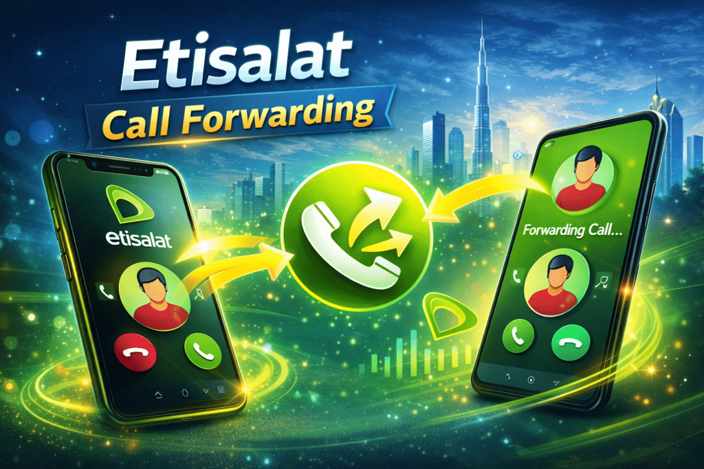 Etisalat Call Forwarding feature showing incoming calls redirected between smartphones with Etisalat network in the UAE