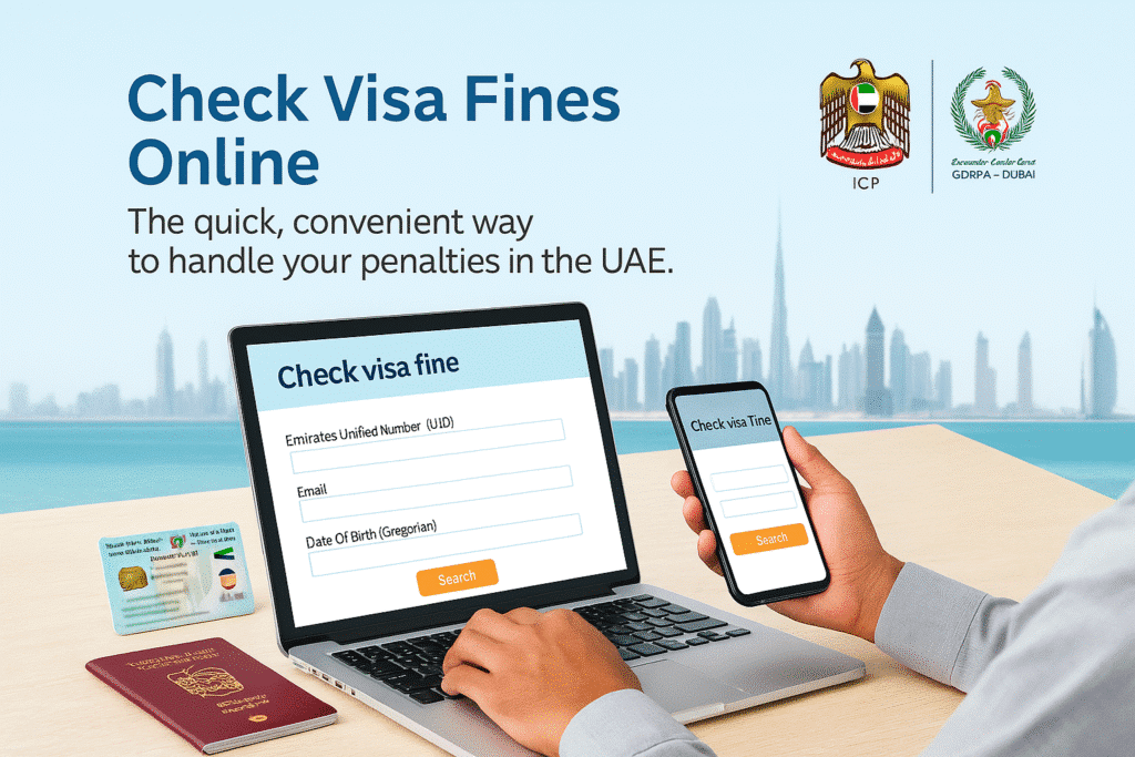 "UAE resident checking visa fines online using ICP and GDRFA platforms with Emirates ID and passport, showcasing easy and secure visa fine inquiry and payment process."