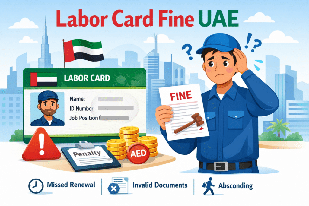 Animated illustration showing a UAE worker holding a fine notice next to a labor card, coins in AED, and warning icons about labor card fines in the UAE.