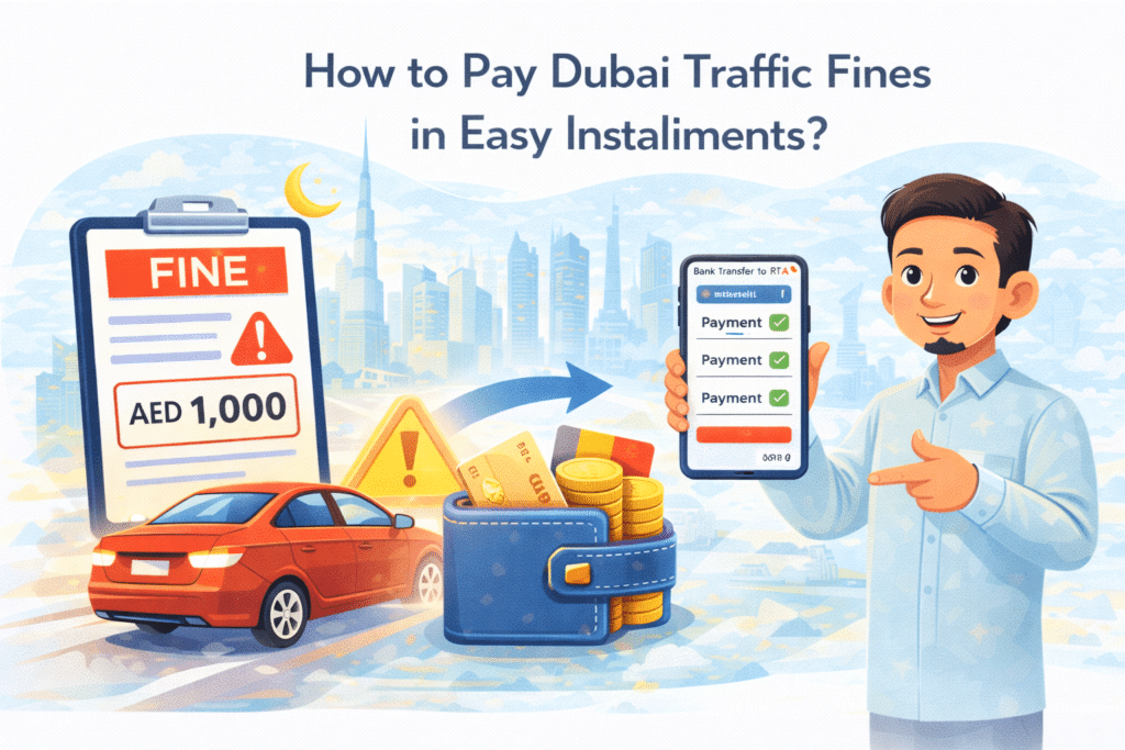 Dubai traffic fines installment payment illustration showing UAE driver paying fine in easy monthly installments with card
