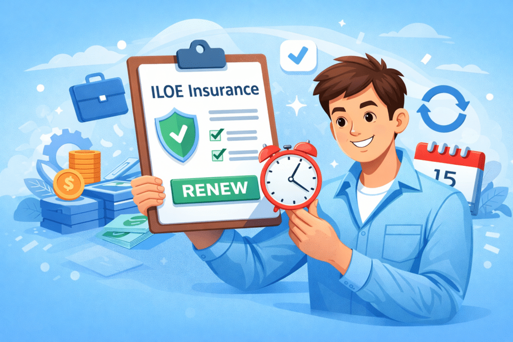 Animated illustration of a person renewing ILOE insurance online with a renewal form, shield protection icon, calendar, and payment symbols.