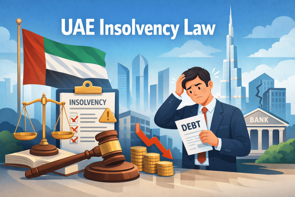 Animated illustration of a stressed businessman holding a debt paper with UAE flag, scales of justice, gavel, coins, and Dubai skyline representing UAE Insolvency Law.