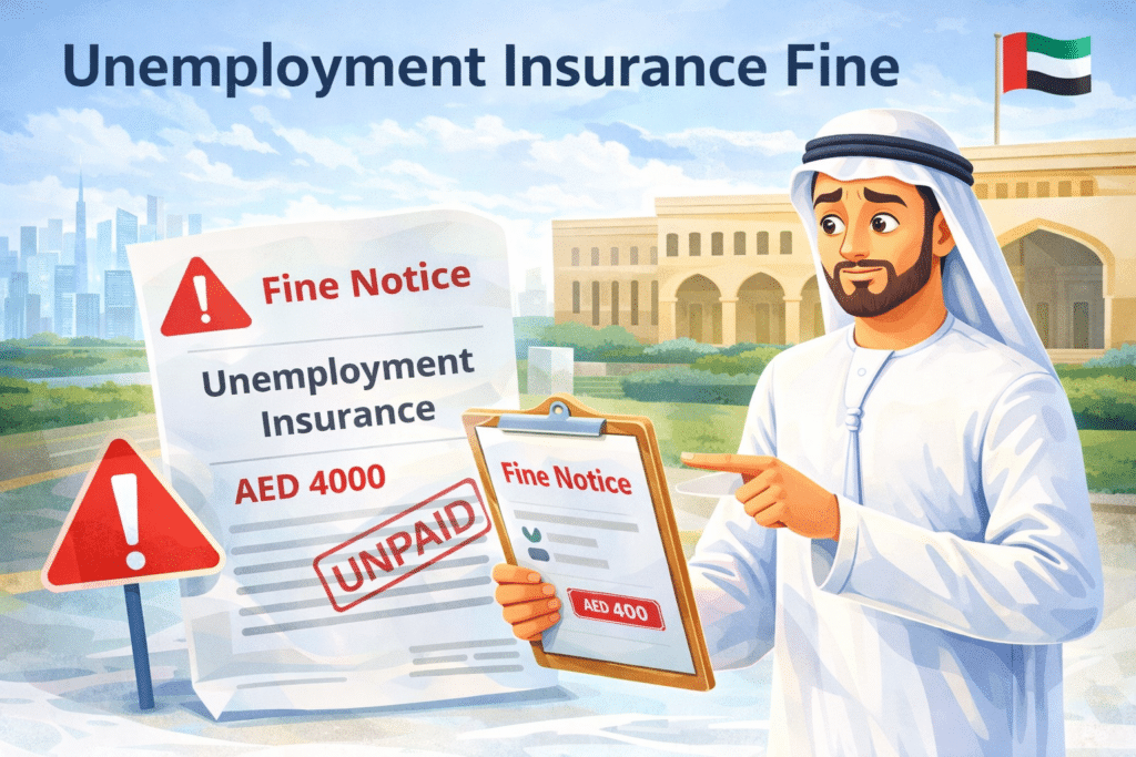 Animated illustration showing UAE unemployment insurance fine notice with an employee holding a document and warning signs.