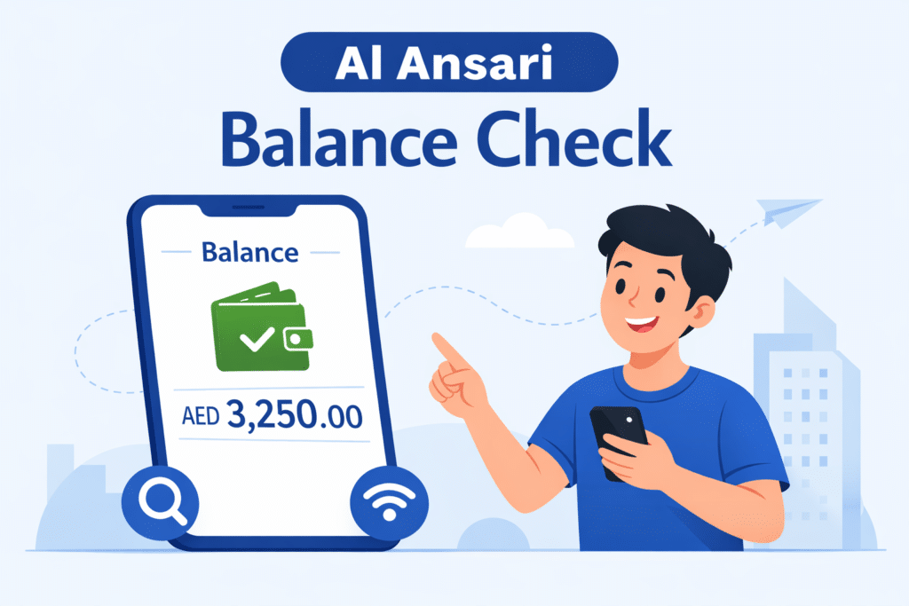 Al Ansari balance check on mobile app with animated person viewing account balance in UAE