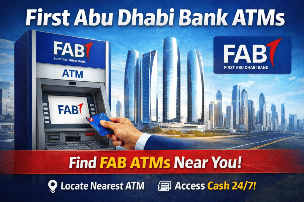 First Abu Dhabi Bank ATM in Abu Dhabi with FAB logo, modern city skyline, and a person using an ATM card to withdraw cash.