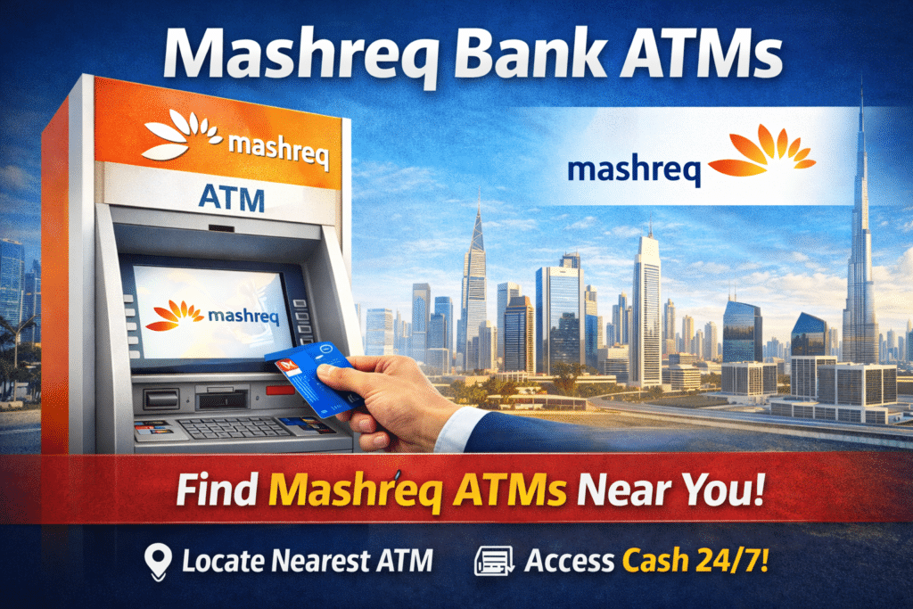 Mashreq Bank ATM in Dubai with Mashreq logo, customer using an ATM card, and Dubai skyline in the background.