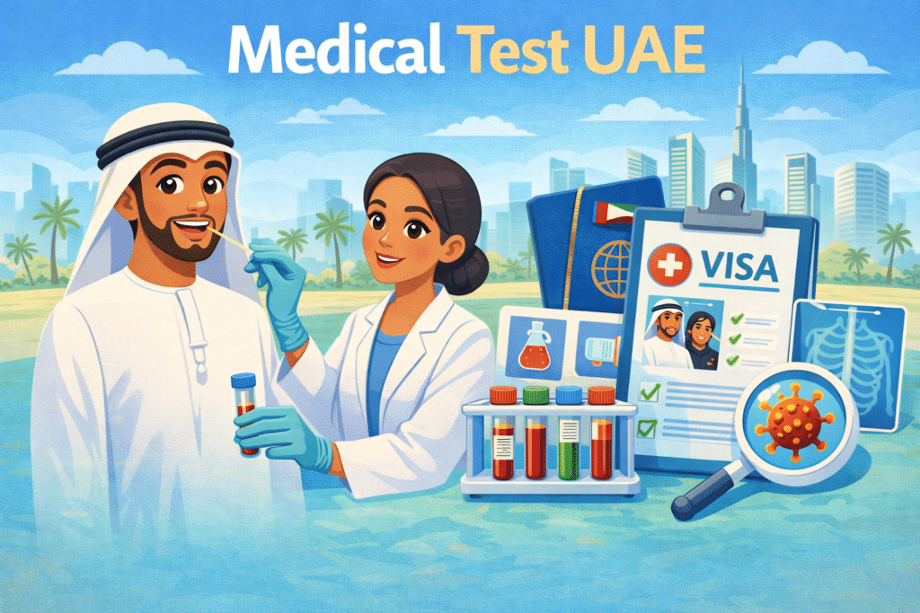 Medical test UAE illustration showing animated doctor performing health test with passport, visa documents, and lab equipment