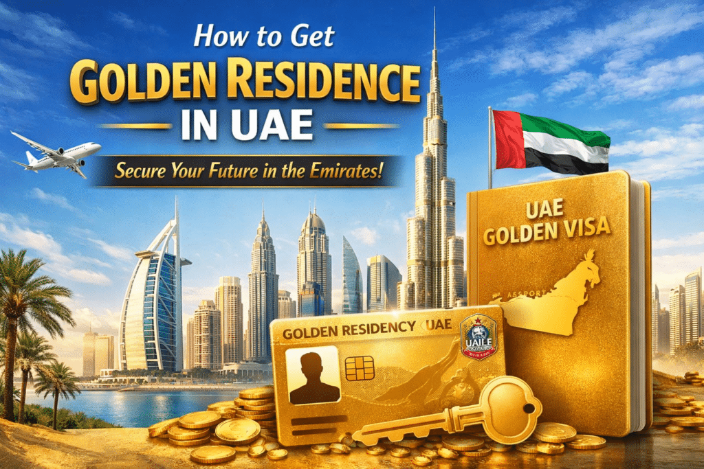 How to get Golden Residence in UAE featuring Dubai skyline, UAE Golden Visa card, passport, and Burj Khalifa symbolizing long-term residency and secure future
