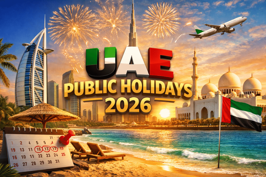 UAE Public Holidays 2026 calendar with Dubai skyline, Burj Khalifa, Sheikh Zayed Grand Mosque, fireworks, and UAE flag celebrating national holidays.