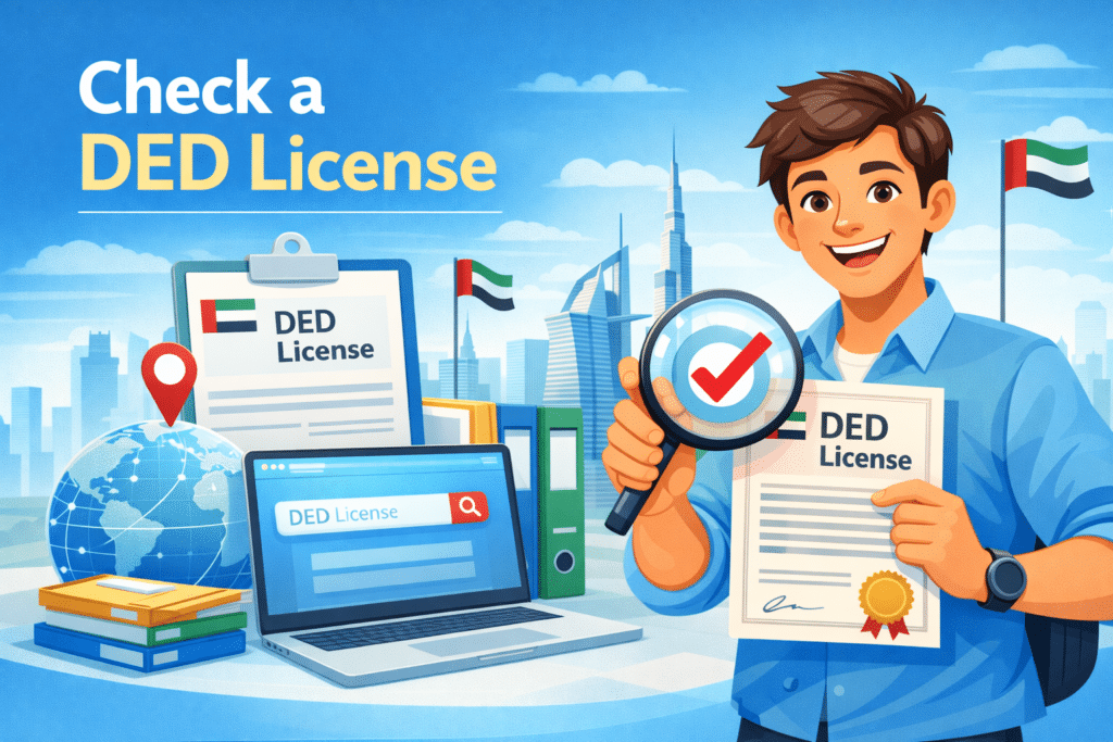 Animated illustration of a businessman checking a DED license using a magnifying glass with a laptop search screen and Dubai skyline in the background.