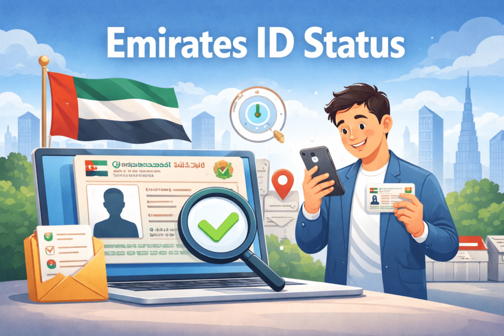 Animated person checking Emirates ID status online on a laptop with UAE flag and ID card illustration.