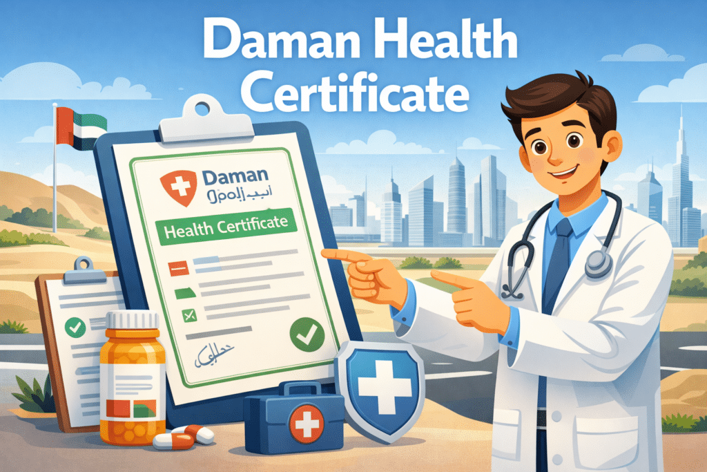 Animated illustration of a doctor showing a Daman health certificate with UAE skyline, medical icons, and insurance approval concept.