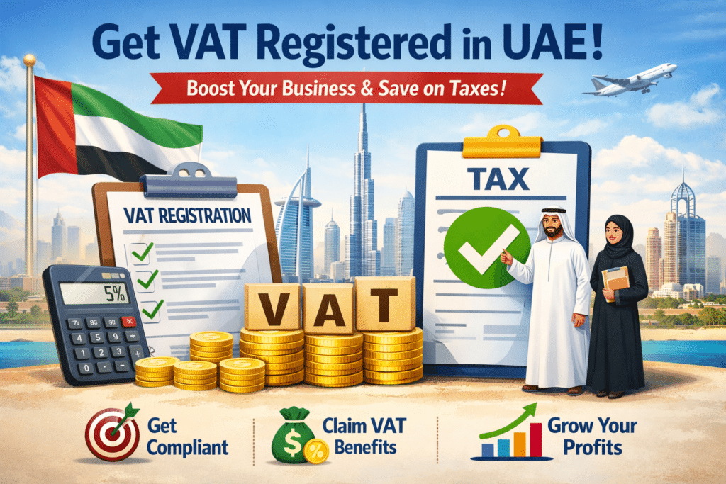 Get VAT registered in UAE with official VAT registration checklist, 5% VAT calculator, and Dubai skyline illustration