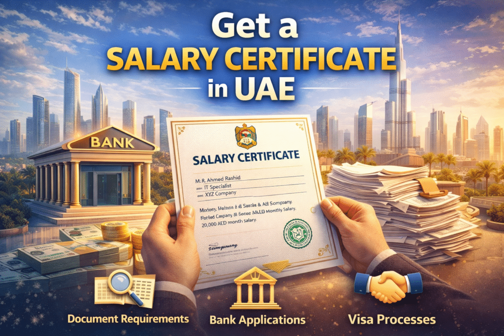 Get a Salary Certificate in UAE – professional employee holding official salary certificate, with office background, documents, and icons representing verification and approval.