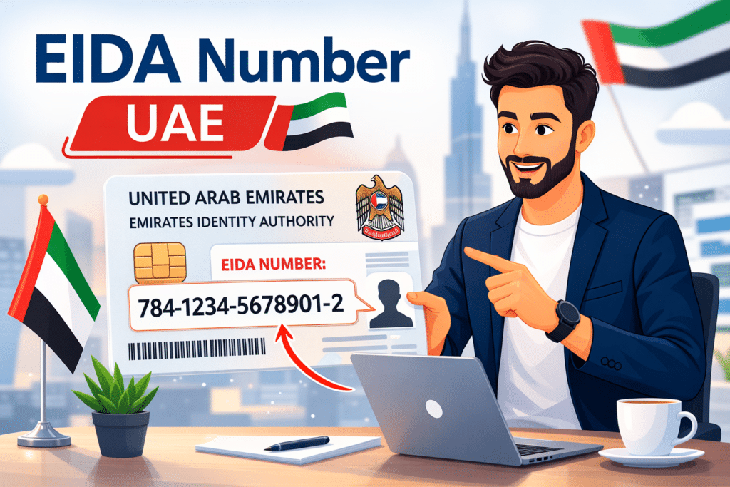 Animated illustration showing UAE Emirates ID card with EIDA number and a person pointing to the ID number.