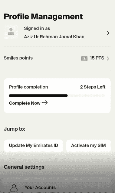 Etisalat Profile Management Page