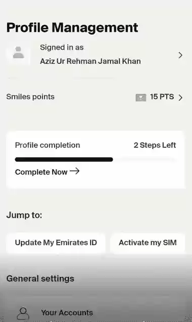 Etisalat Profile Management Page