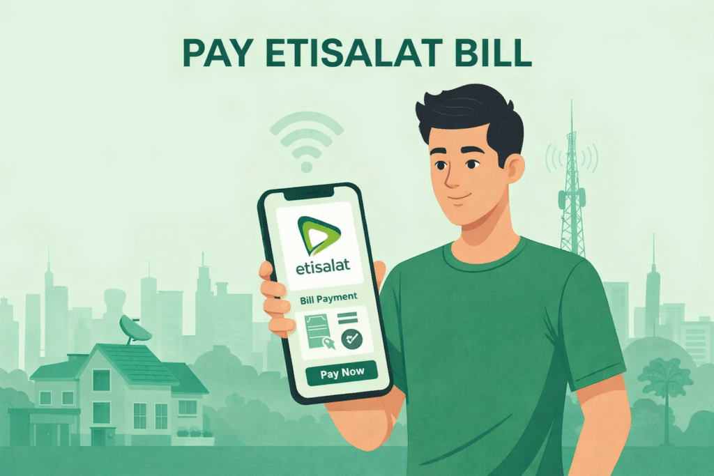 UAE Residents: Pay Your Etisalat Bill in Under 2 Minutes 7 Pay Etisalat Bill online using mobile phone with animated user illustration and Etisalat payment app interface