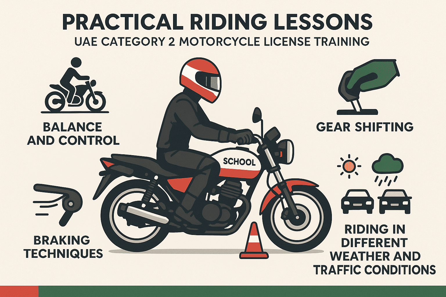 Category 2 UAE Driving License Guide 2025 | Ride Legally 7 Infographic showing practical motorcycle riding lessons for UAE Category 2 license, including balance, gear shifting, braking, and riding in varied conditions