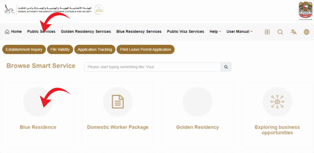 Blue Residency Visa Dubai 2025 – Step-by-Step Guide 11 From the homepage, click on Services → Residency Services.
