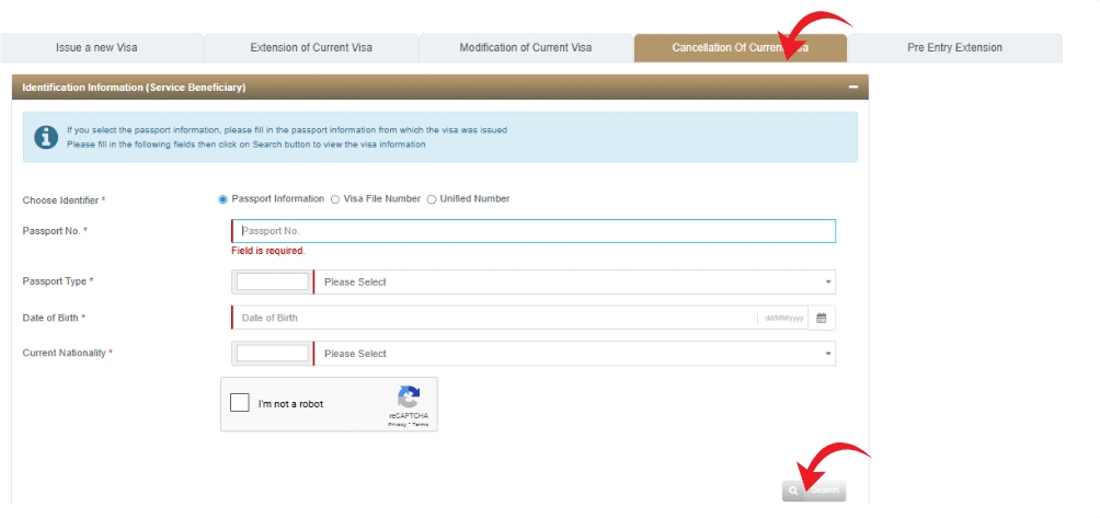 Enter the require detail and cancell visa 