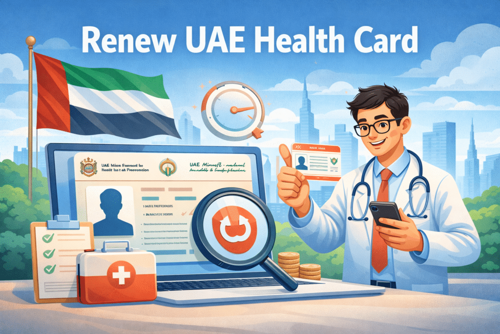 Renew UAE Health Card 2026 — Fast, Online & Worry‑Free 10 Doctor renewing UAE health card online with laptop, ID card, medical kit, and UAE flag background.