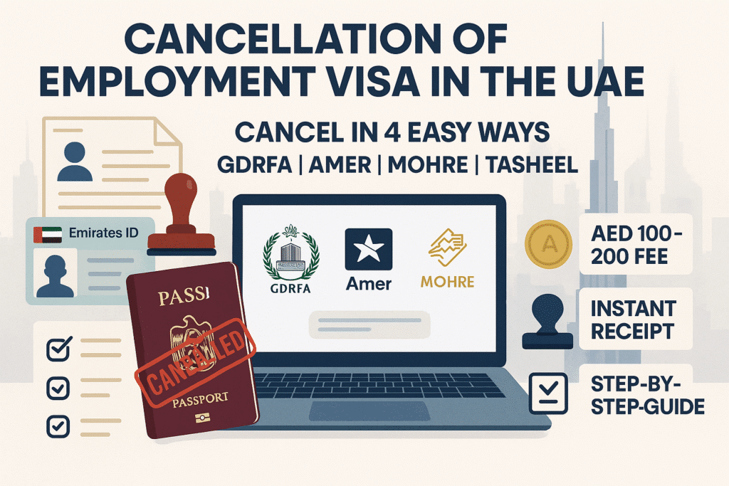 UAE employment visa cancellation guide – steps, cost AED 100–200, required documents via GDRFA, Amer, MOHRE, Tasheel.