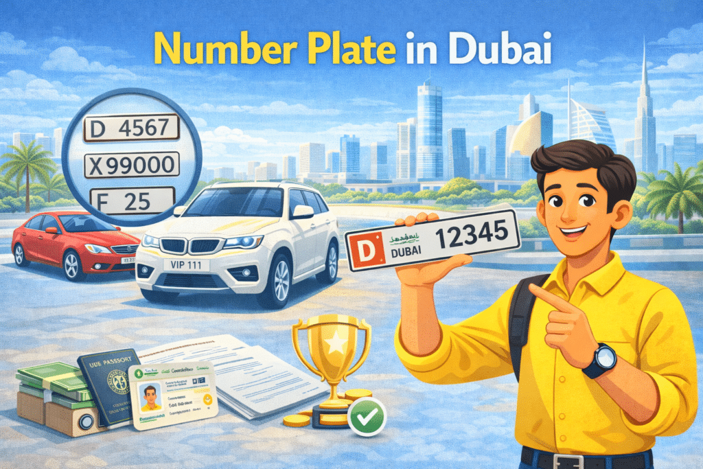 Number plate in Dubai feature image showing animated person holding Dubai vehicle license plate with cars and city skyline.