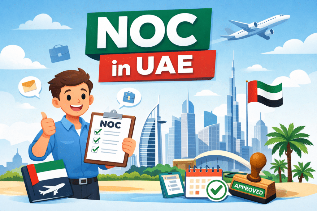 Animated illustration of a man holding a No Objection Certificate (NOC) document with Dubai skyline, UAE flag, and approval stamp representing the NOC process in the UAE.